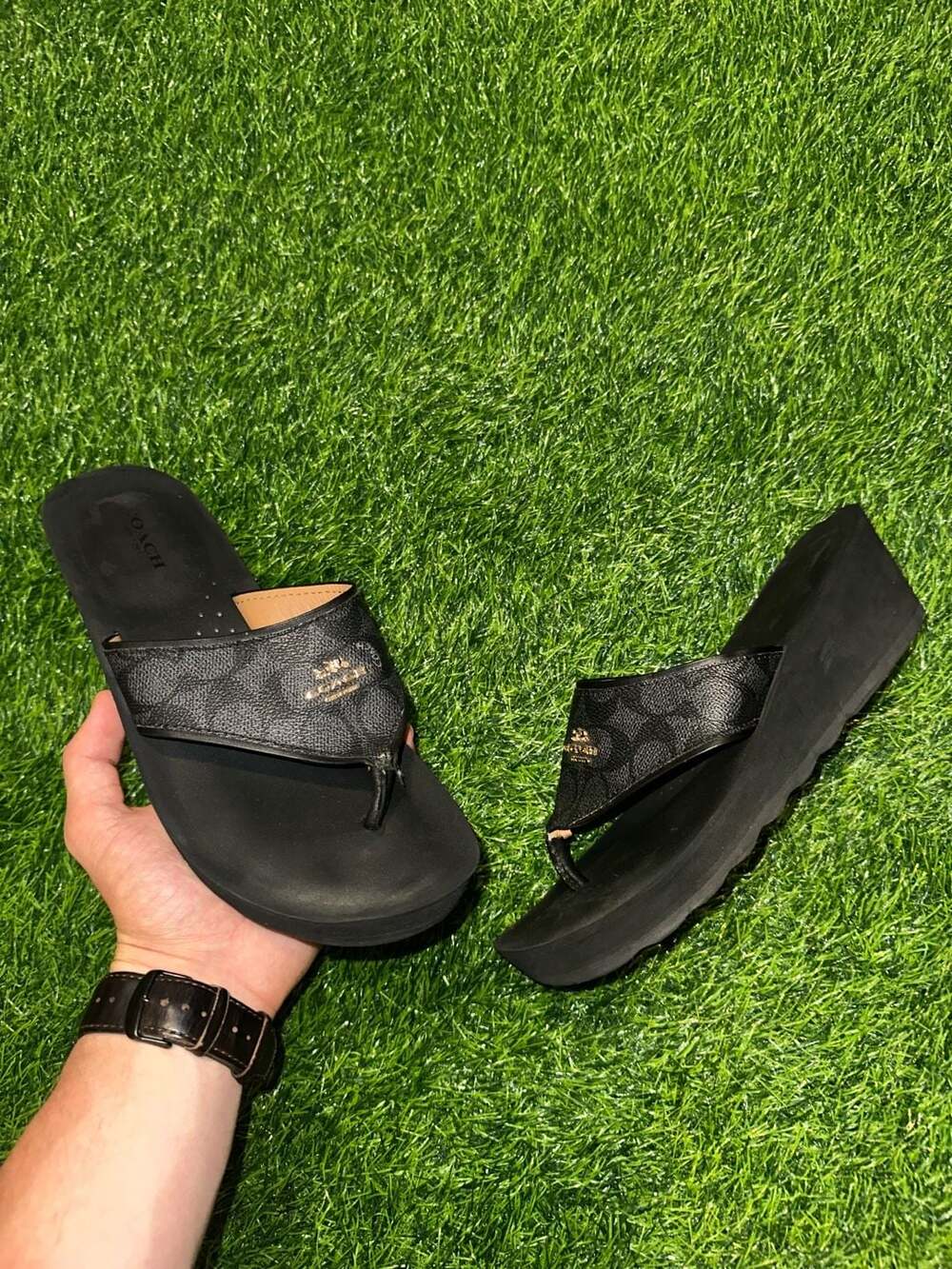 Coach Black Signature Monogram Wedges Platform Thong Sandals